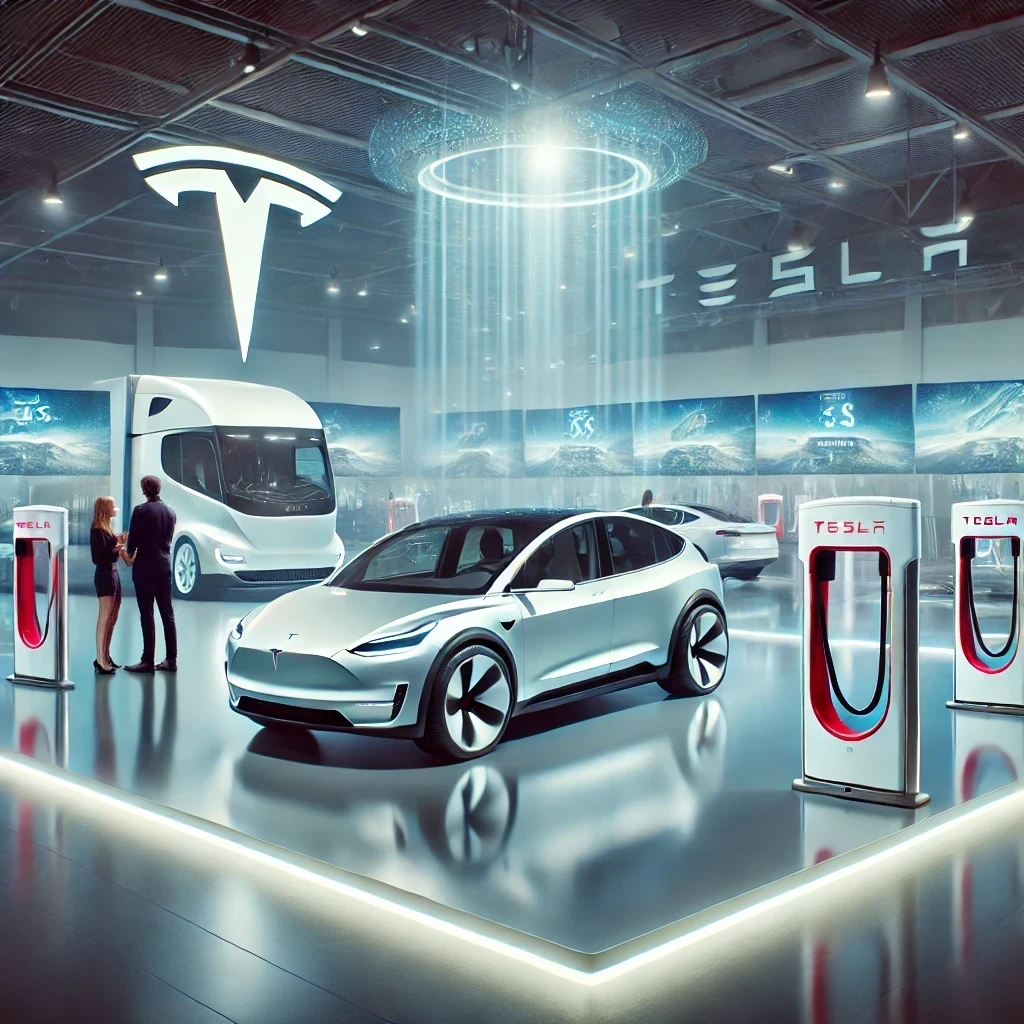 Tesla showroom image with people and vehicles