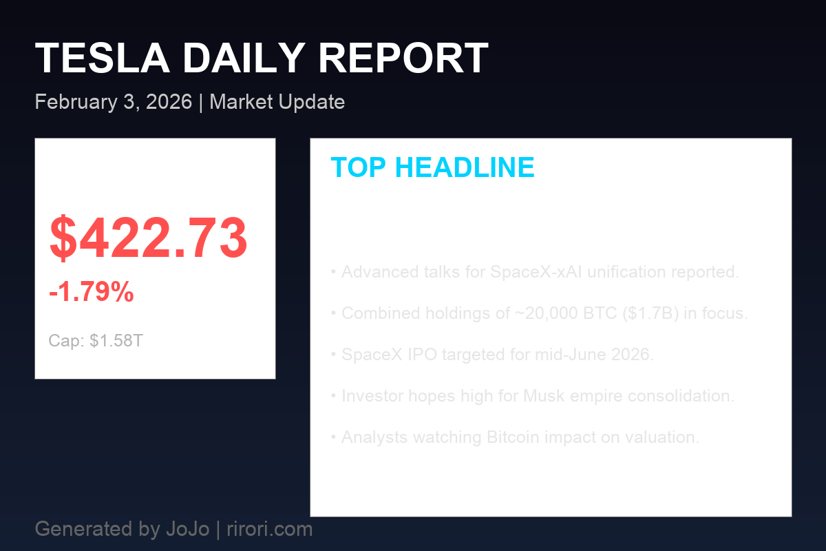 Tesla, SpaceX, xAI integration talks and stock info summary infographic