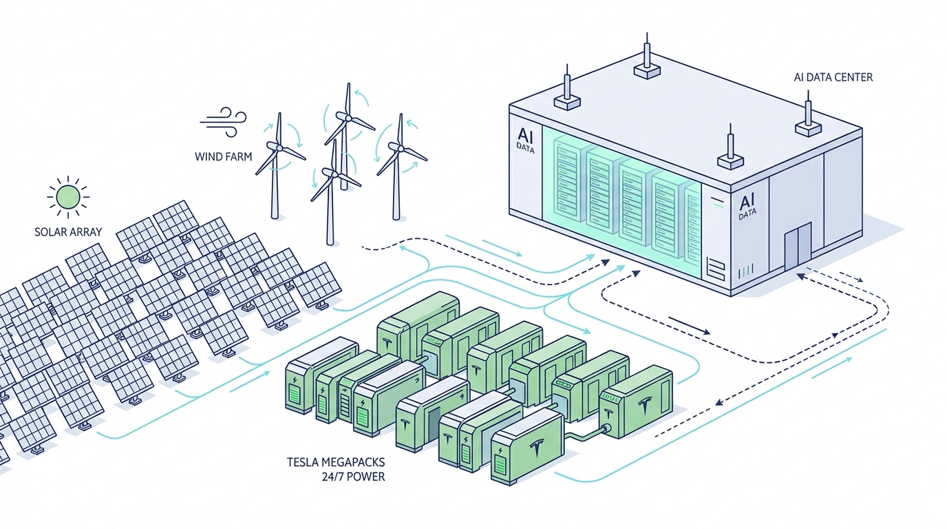 再生可能エネルギー発電所とAIデータセンターの間にMegapack 3が設置され電力の安定供給を行う2Dエディトリアルイラスト