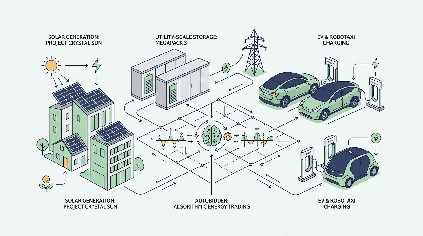 太陽光発電から蓄電メガパック、電気自動車、AIデータセンターまでを網羅するテスラ完全垂直統合エネルギー帝国の概念図