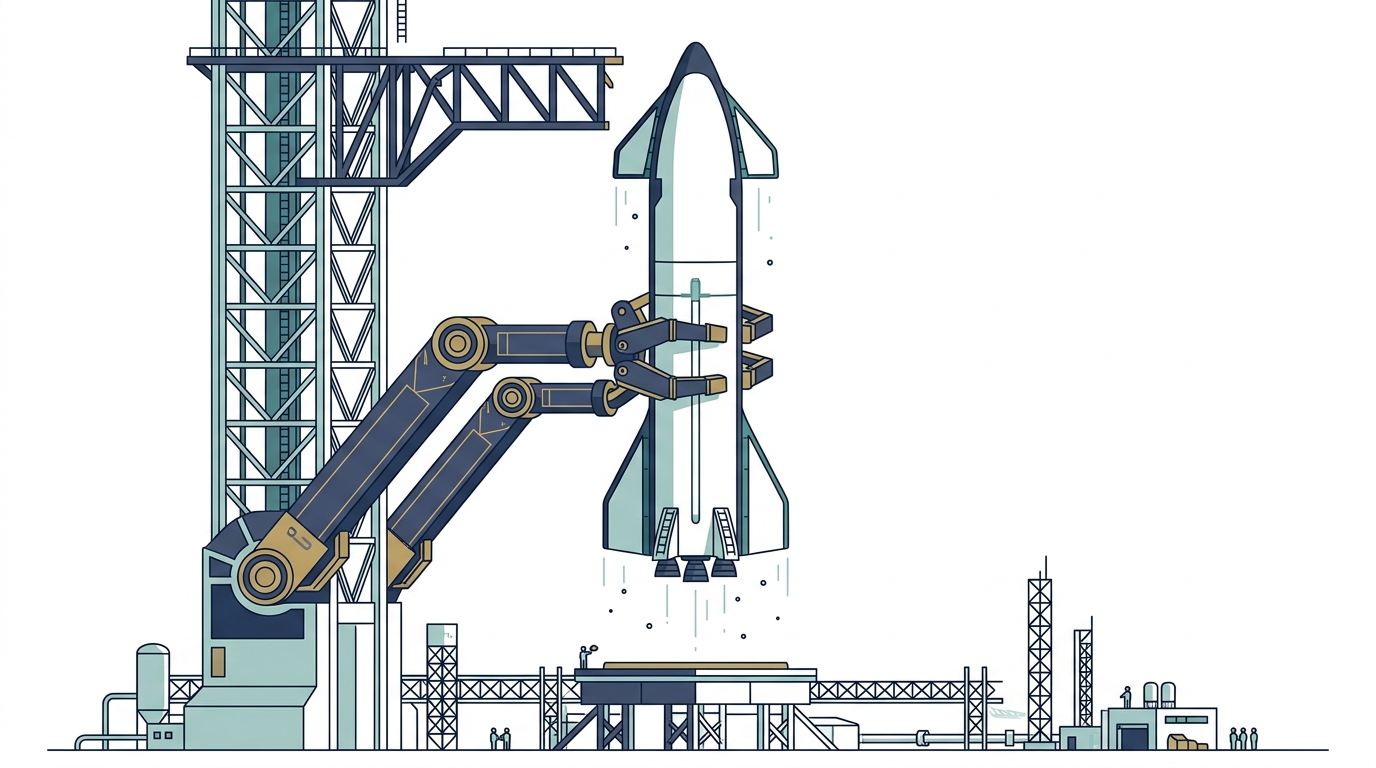 巨大な完全再利用型ロケットStarshipが発射台アームに精密着陸する2Dエディトリアルイラスト